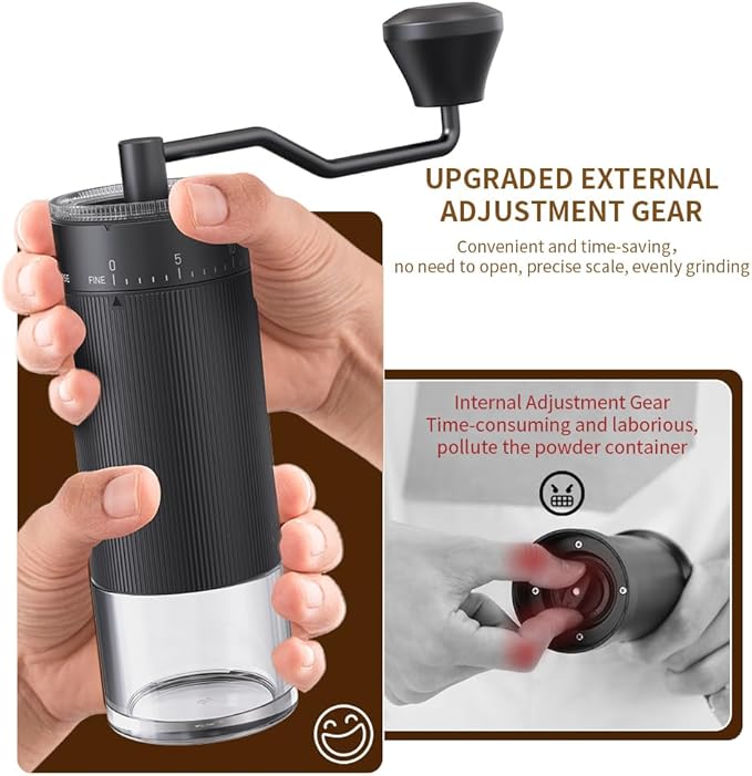 Hand Coffee Grinder Conical Burr for Espresso French Press Pour Over Double Bearing External Adjustment Capacity 25g (Stainless Steel Burr-Black)