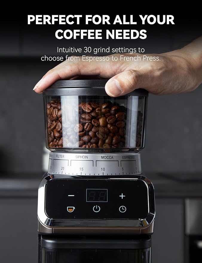 Coffee Grinder Electric, Emojoy Coffee Bean Grinder with 30 Grinding Settings, Burr Coffee Grinder for Home Use, Touchscreen and LED Control Panel, Stainless Steel Conical Burr Grinder
