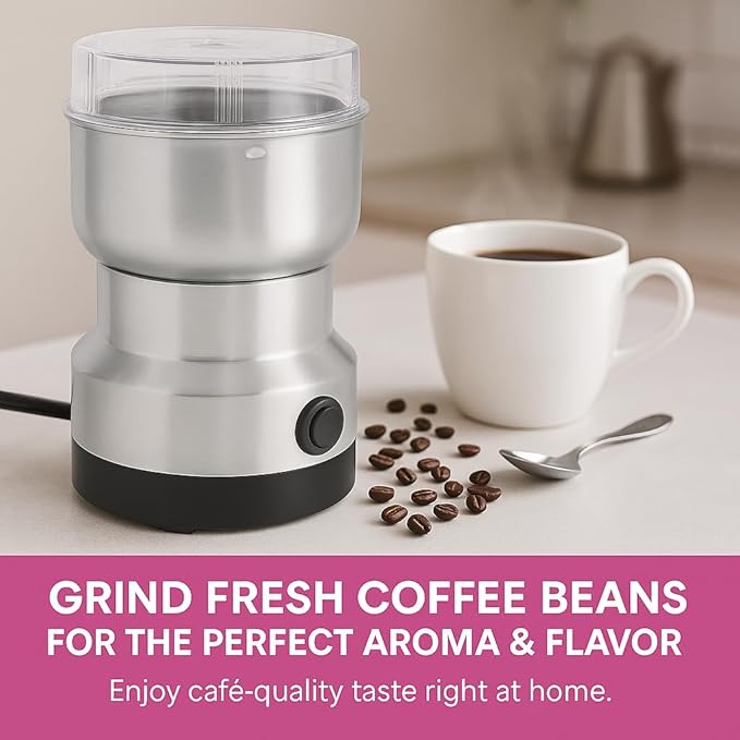 Electric Coffee Grinder 150W for Coffee Beans, Nuts & Spices – Stainless Steel Bowl, Metal Blades, UL Approved, 110V One-Touch Control