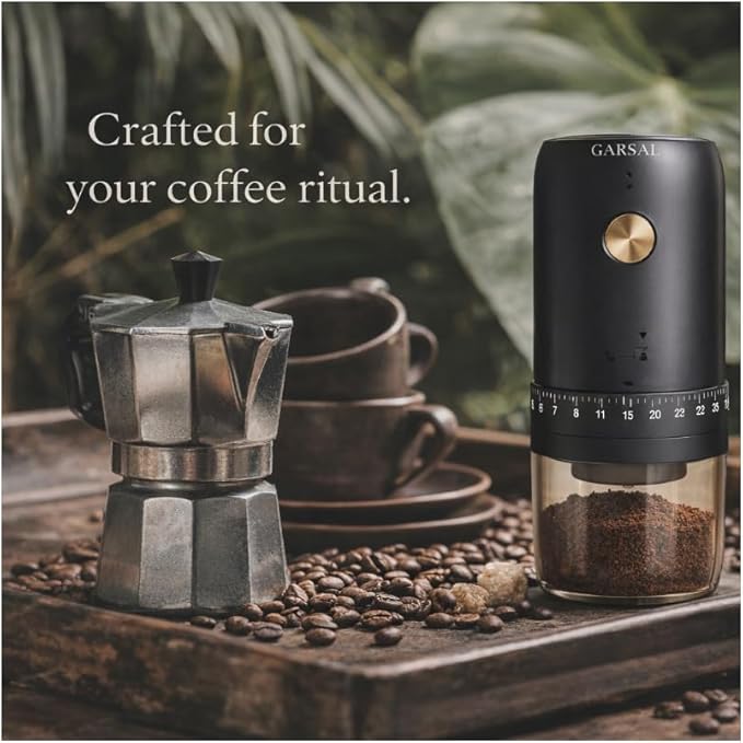 Garsal home. Electric Burr Coffee Grinder with 40 Grind Settings, Stainless Steel Conical Blades, Digital Measuring Spoon, USB-C Rechargeable Battery.