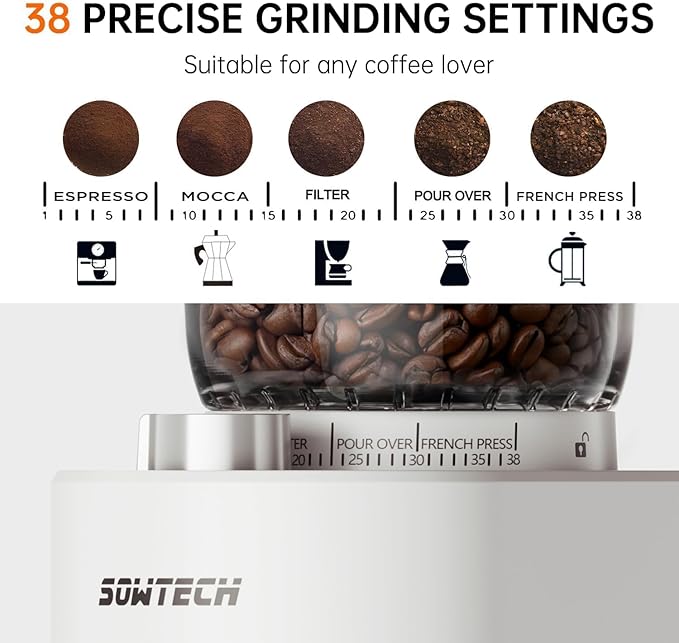 SOWTECH Conical Burr Coffee Grinder, Adjustable Electric Mill, 38 Precise Grind Settings, Precision Timer, for Espresso, Drip and French Press, Home &Office, Beige