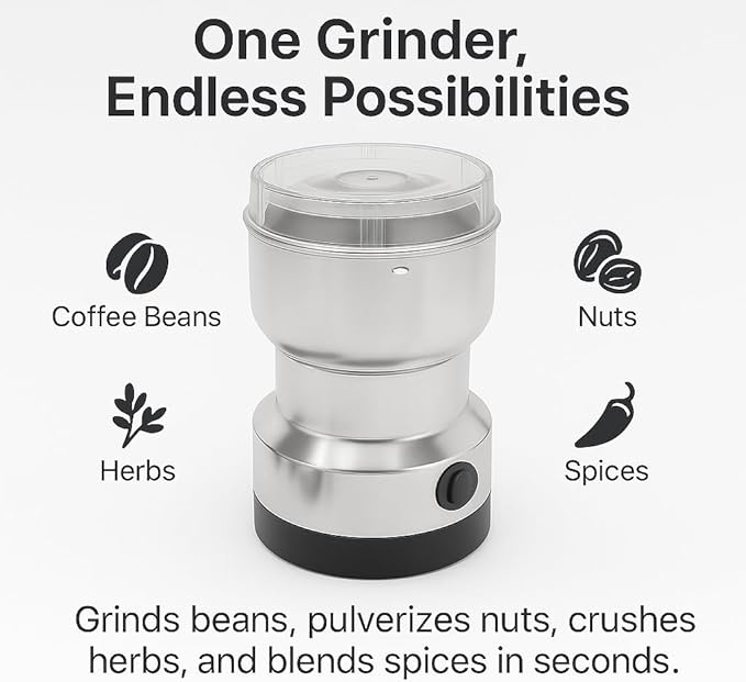Electric Coffee Grinder 150W for Coffee Beans, Nuts & Spices – Stainless Steel Bowl, Metal Blades, UL Approved, 110V One-Touch Control