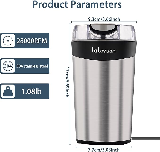 Electric coffee grinder for home use - 200w Stainless Steel portable coffee bean grinder with 28,000 Rpm, Makes 12 Cups,suitable for Camping, Home, Kitchen Grain, Seasoning, Spice Grinder (Silver)