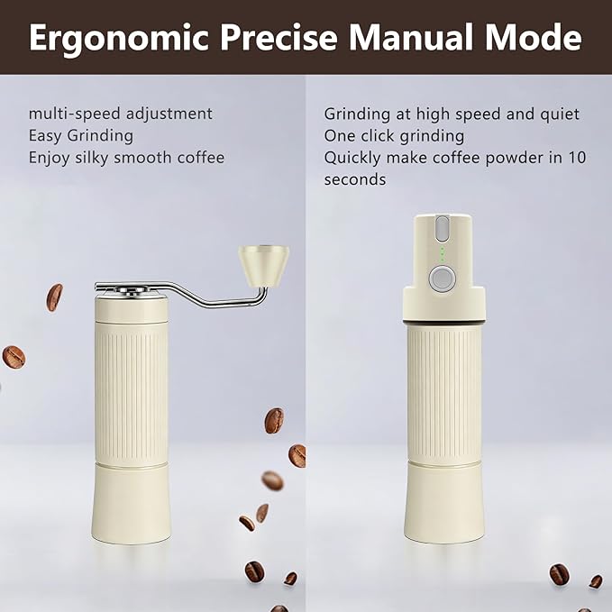Burr Coffee Grinder Electric and Manual 2 in 1, Manual Burr Coffee Grinder with 40mm Burr, Compact Portable Coffee Grinder for Espresso Coffee, French Press, Home, Travel, Camping (Beige)