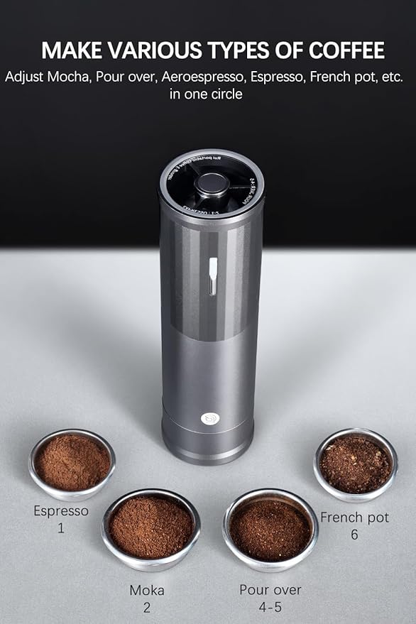 Electric Coffee Grinders, Portable Burr Grinder Capacity 50g w/Magnetic Cover,External Adjustable Setting, Aluminum Alloy Body, 800mAh Battery(Stand not Included) (Black)