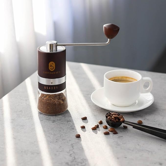Premium Manual Burr Coffee Grinder - Made with real Beechwood; Hand Coffee Grinder with Stainless Steel Burr Mill; Extra-Fine to Coarse Coffee & Espresso Burr Grinder (Dark Brown)