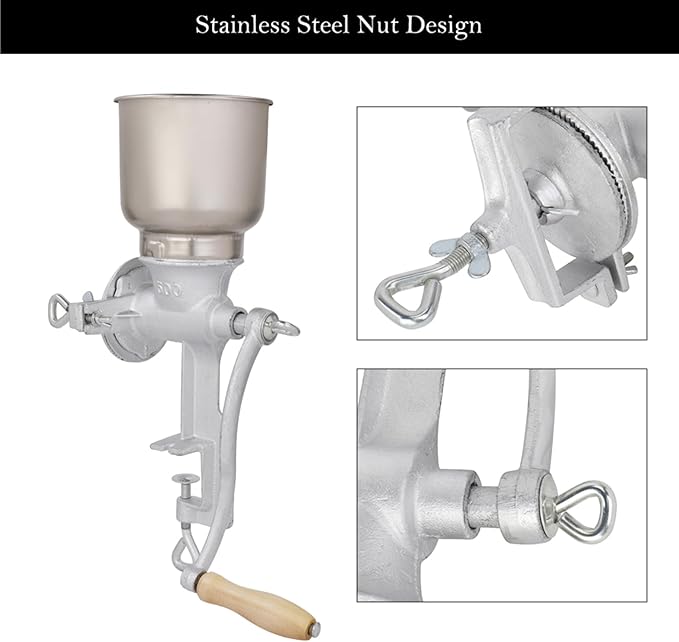High Hopper Manual Coffee Grinder Grain Mill, Hand Crank Mill for Corn, Barley, Wheat, Beans, Spices, Adjustable Coarseness Settings, Hand Grinder with Large Hopper, Molino Para Moler Maiz, Silver