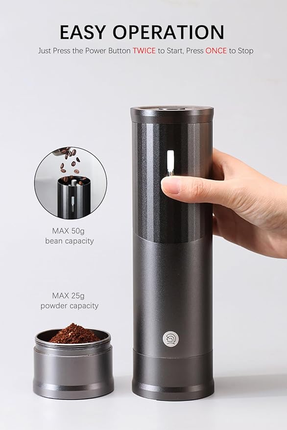 Electric Coffee Grinders, Portable Burr Grinder Capacity 50g w/Magnetic Cover,External Adjustable Setting, Aluminum Alloy Body, 800mAh Battery(Stand not Included) (Black)