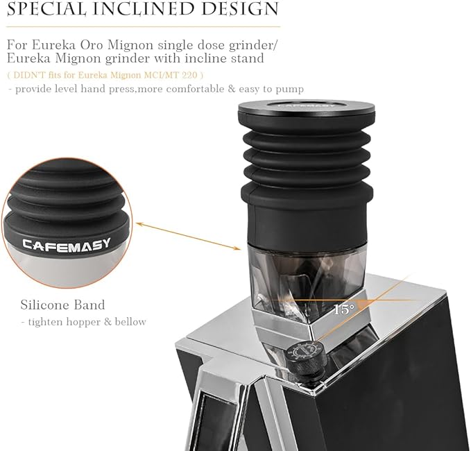 Single Dose Hopper Compatible with Eureka Mignon Espresso Coffee Grinder Silicone Bellow for Blow Out Residual Coffee Grounds (Inclined Hopper)