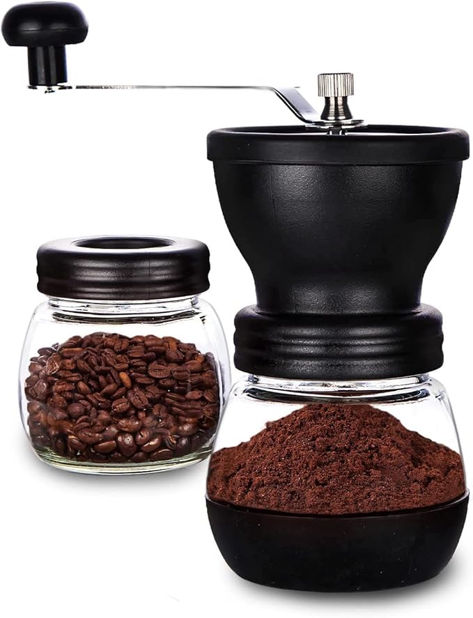 Manual Coffee Grinder with Ceramic Burr and Glass Container for Espresso Beans