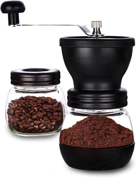Manual Coffee Grinder with Ceramic Burr and Glass Container for Espresso Beans