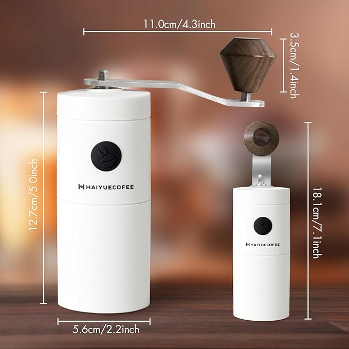 Manual Coffee Grinder - Hand Coffee Bean Grinder, Titanium-Coated Grinding Core - Aluminum Alloy Rocker with Ebony Wood Handle - Adjustable Grind Size - With Brush & Storage Bag (White)