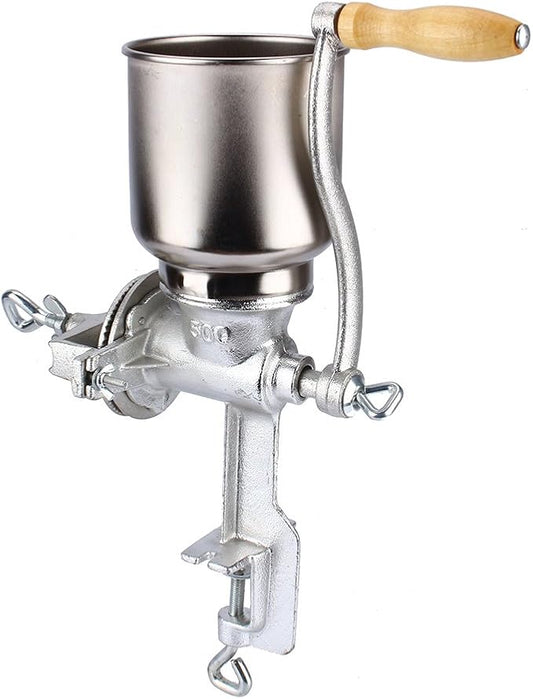 Manual Grain Grinder Hand Crank Grain Mill Table Clamp Corn Grinder Mill Cast Iron Coffee Seed Spice Beans Crusher with Large and Wooden Handle for Home Kitchen
