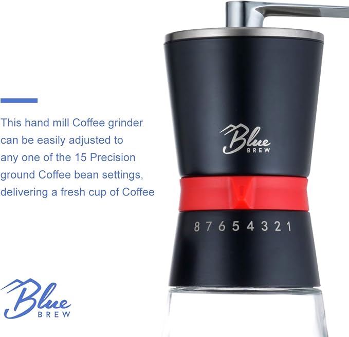 Blue Brew Coffee Grinder Manual, Hand Coffee Grinder w/Ceramic Burr & 15 Adjustable Coarseness, 2 Airtight Glass Jar with Lid, Portable Conical Burr Coffee Grinder for Camping, Home&Traveling (BB1007)