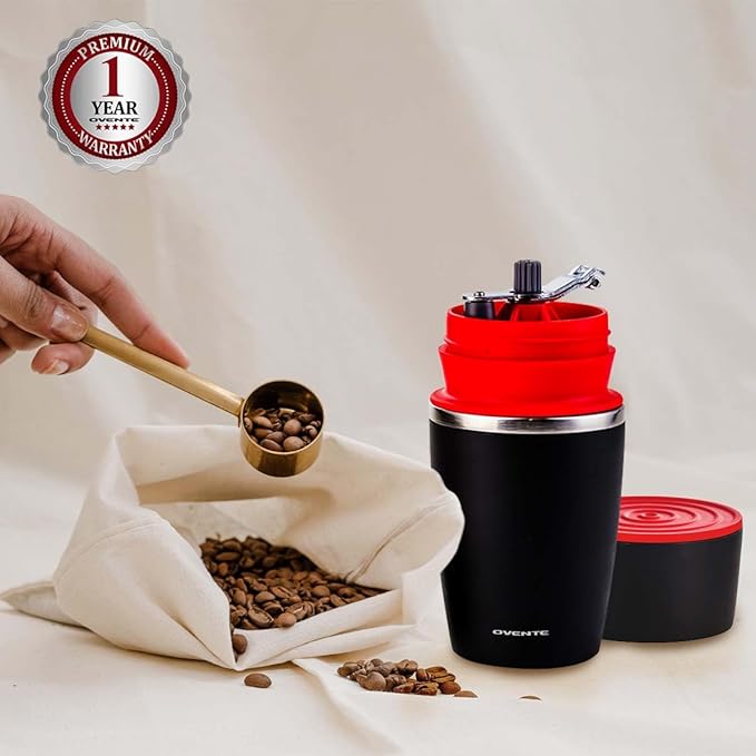 OVENTE Manual Coffee Grinder & Maker, Portable Hand Coffee Bean Mill with Ceramic Burr, Foldable Stainless Steel Grinding Handle & Filter Dripper, Outdoor Tumbler for Traveling or Camping, Red CMB281R