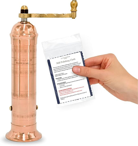 Original Greek Pepper Mill, 8-Inch Copper – European Manual Pepper Grinder, Refillable, with Polishing Cloth