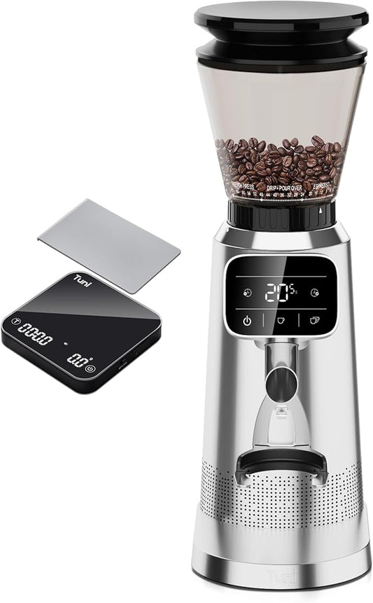 Tuni G2 Silver Conical Burr Coffee Grinder with Black Digital Coffee Scale, 70 Grind Settings Anti-static Burr Mill for Espresso/Drip/Cold Brew/French Press