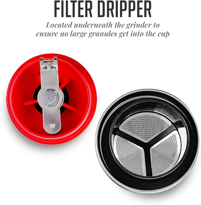 OVENTE Manual Coffee Grinder & Maker, Portable Hand Coffee Bean Mill with Ceramic Burr, Foldable Stainless Steel Grinding Handle & Filter Dripper, Outdoor Tumbler for Traveling or Camping, Red CMB281R