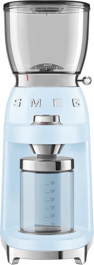 SMEG CGF11 Retro-Style Coffee Grinder – Burr Mill with 30 Grind Settings, Stainless Steel Conical Burrs, Removable Hopper – Precision Countertop Grinder for Espresso, Drip, French Press-Pastel Blue