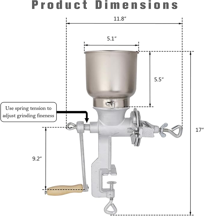 High Hopper Manual Coffee Grinder Grain Mill, Hand Crank Mill for Corn, Barley, Wheat, Beans, Spices, Adjustable Coarseness Settings, Hand Grinder with Large Hopper, Molino Para Moler Maiz, Silver