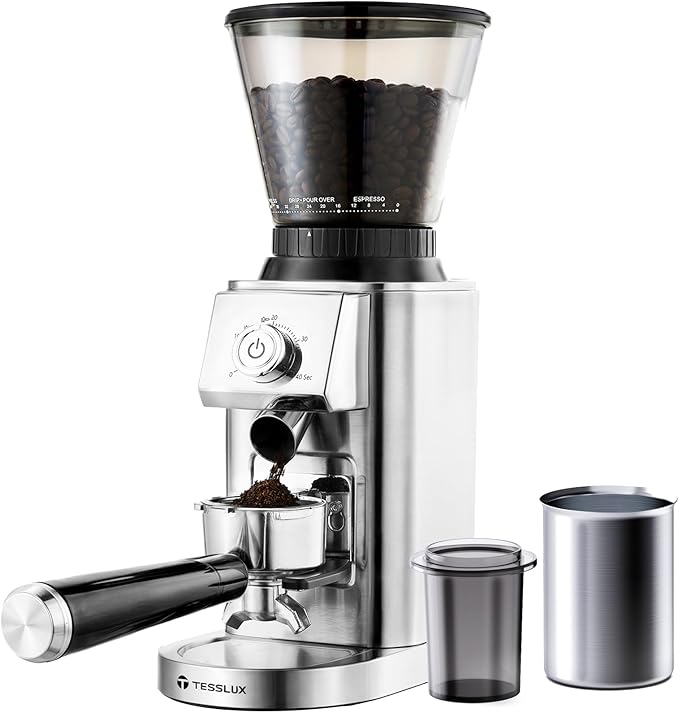 Conical Burr Coffee Grinder Electric, Espresso Coffee Bean Grinder for Home Use with 48 Precise Grind Settings, Anti-static Design, Precision Timer, Sliver