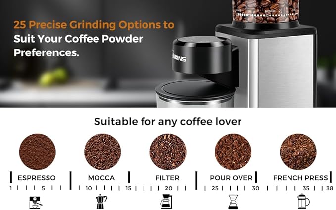 Electric Coffee Grinder for Home & Cafés: Automatic 25-Setting Conical Burr coffee grinder with 120g Expandable Hopper Durable - Anti-Static & Quiet Grinding Perfect for Multi-Cup Brewing