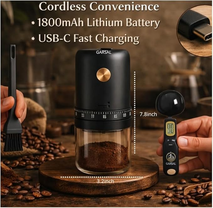 Garsal home. Electric Burr Coffee Grinder with 40 Grind Settings, Stainless Steel Conical Blades, Digital Measuring Spoon, USB-C Rechargeable Battery.