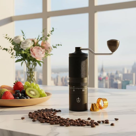 FIAMMA & FERRO Professional Manual Coffee Grinder - Titanium Enhanced 38mm Conical Burrs, 60 Precision Settings, Stainless Steel Construction - 500kg+ Grind life