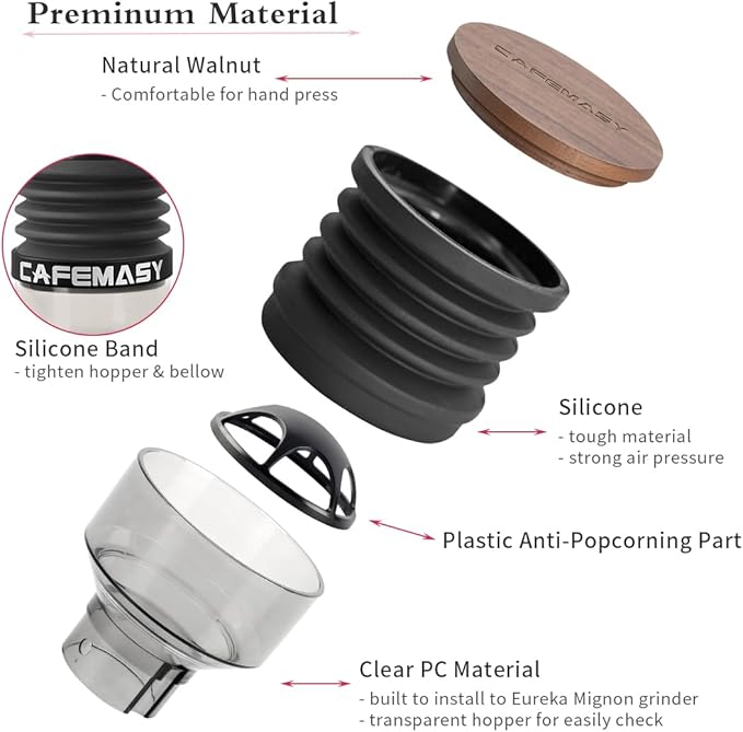 Single Dose Hopper Compatible with Eureka Mignon Espresso Coffee Grinder Silicone Bellow for Blow Out Residual Coffee Grounds (Heighten Hopper)