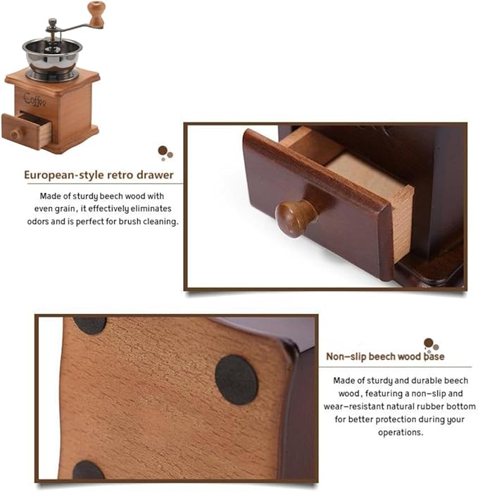 Wooden Manual Coffee Grinder Vintage Style Hand Coffee Mill Burr Coffee Grinder with Ceramic Hand Crank,Wooden Manual Coffee Grinder Cleaning Brush (Light Brown)