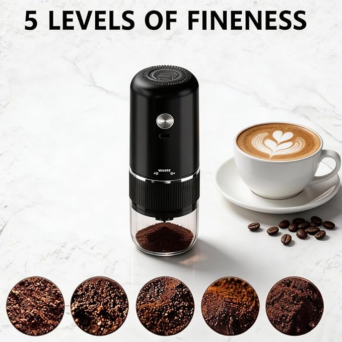 Portable Electric Coffee Grinder Portable USB-C Rechargeable - Compact & Lightweight for Travel, Camping, Home Use, Black/White Design (60, Black, one size fits all)