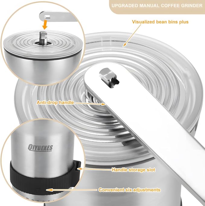 Manual Coffee Grinder, Portable Stainless Steel Hand Crank, 6 Coarseness Settings, Burr Coffee Grinder with Ceramic Burrs, Perfect for Families, Camping