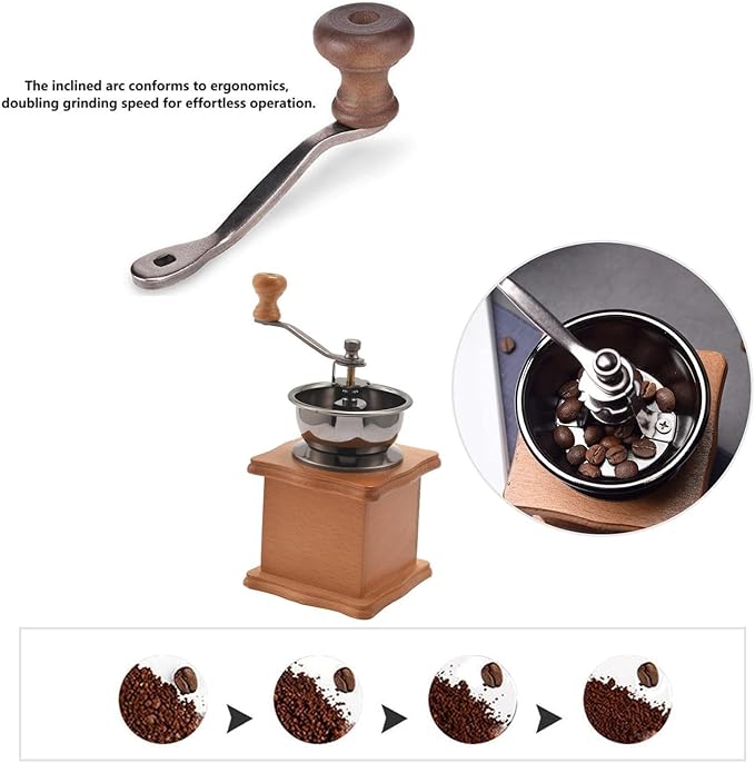 Wooden Manual Coffee Grinder Vintage Style Hand Coffee Mill Burr Coffee Grinder with Ceramic Hand Crank,Wooden Manual Coffee Grinder Cleaning Brush (Light Brown)