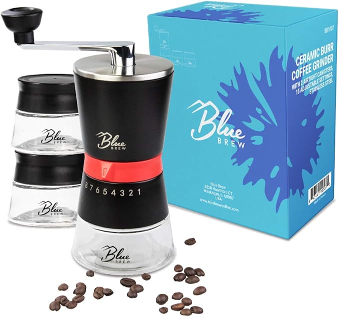 Blue Brew Coffee Grinder Manual, Hand Coffee Grinder w/Ceramic Burr & 15 Adjustable Coarseness, 2 Airtight Glass Jar with Lid, Portable Conical Burr Coffee Grinder for Camping, Home&Traveling (BB1007)