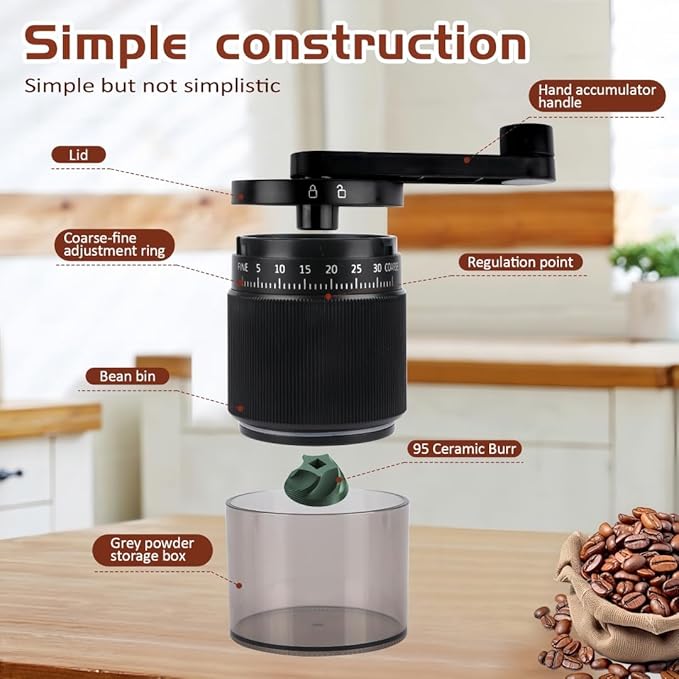 Manual Coffee Grinder - 95 Ceramic Burr, Adjustable Coarse to Fine, 30g Beans & 80ml Powder, Detachable Handle for Espresso, French Press, Camping (Black)