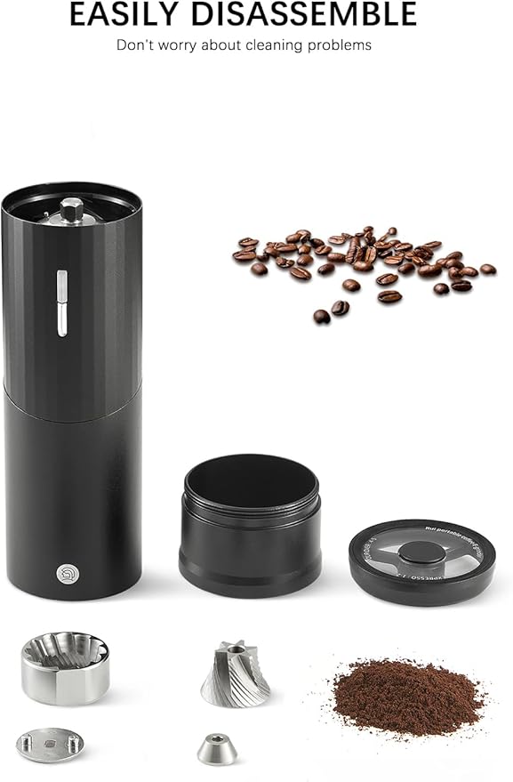 Electric Coffee Grinders, Portable Burr Grinder Capacity 50g w/Magnetic Cover,External Adjustable Setting, Aluminum Alloy Body, 800mAh Battery(Stand not Included) (Black)