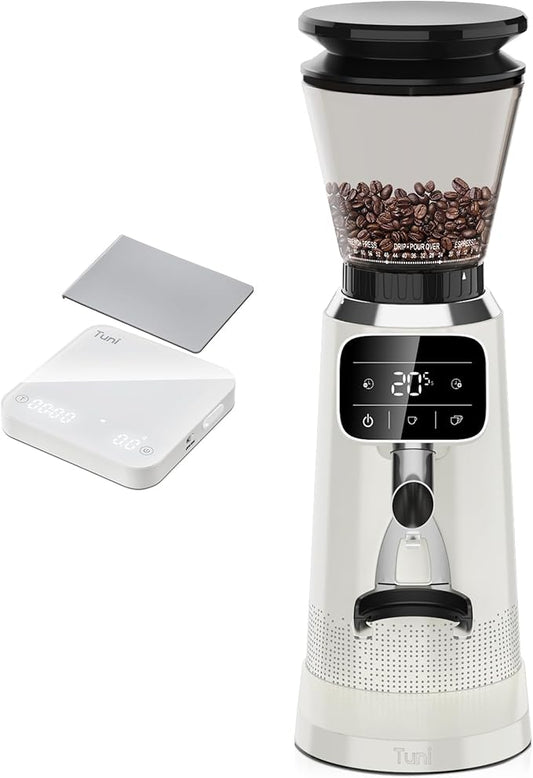 Tuni G2 Ivory Conical Burr Coffee Grinder with White Digital Coffee Scale, 70 Grind Settings Anti-static Coffee Bean Grinder for Espresso/Drip/Cold Brew/French Press
