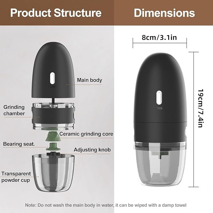 Electric Coffee Grinder, Conical Burr, Adjustable Grind Settings | Portable USB-C Rechargeable, for Espresso, French Press, Cold Brew, Travel & Home, Black