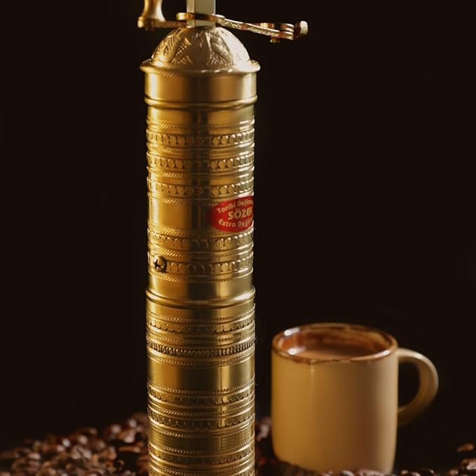 Sozen Hammered 9" Manual Coffee Grinder Brass – Hand Crank Burr Mill for Turkish Coffee, French Press, Espresso, Camping & Home Use – Portable Coffee Bean Grinder, Adjustable Conical Grinder
