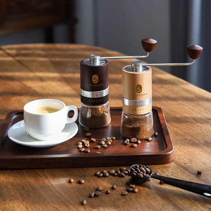 Premium Manual Burr Coffee Grinder - Made with real Beechwood; Hand Coffee Grinder with Stainless Steel Burr Mill; Extra-Fine to Coarse Coffee & Espresso Burr Grinder (Dark Brown)