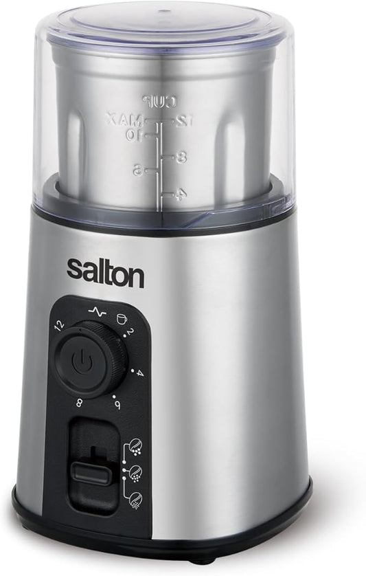 Salton Stainless Steel Smart Coffee Grinder, Electric Blade for Ground Coffee, Spices, Herbs, Nuts with Stainless Steel Blade, 80g/12 cup capacity (CG2123)