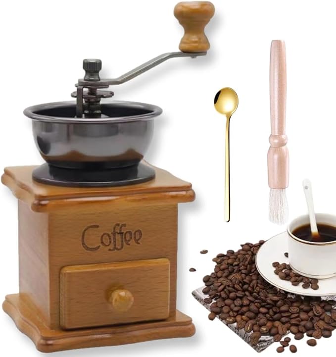 Wooden Manual Coffee Grinder Vintage Style Hand Coffee Mill Burr Coffee Grinder with Ceramic Hand Crank,Wooden Manual Coffee Grinder Cleaning Brush (Light Brown)