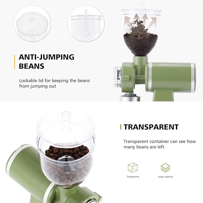 Electric Coffee Grinder Burr Espresso Coffee Bean Grinder Small Automatic Stainless Steel Coffee Mill With Brush, Pea Green