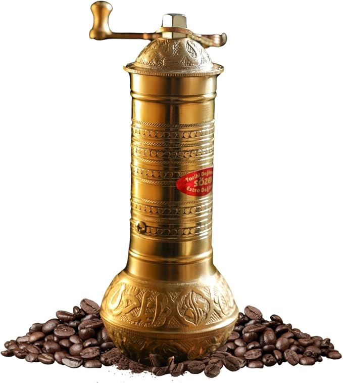 Sozen 7.6" Hammered Manual Coffee Grinder Brass – Hand Crank Burr Mill for Turkish Coffee, French Press, Espresso, Camping & Home Use – Portable Coffee Bean Grinder, Adjustable Conical Grinder