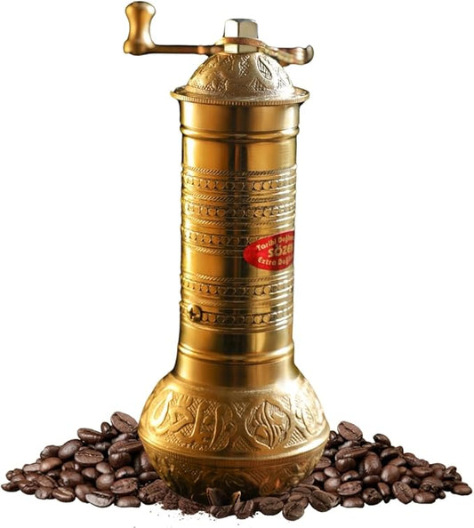 Sozen 7.6" Hammered Manual Coffee Grinder Brass – Hand Crank Burr Mill for Turkish Coffee, French Press, Espresso, Camping & Home Use – Portable Coffee Bean Grinder, Adjustable Conical Grinder