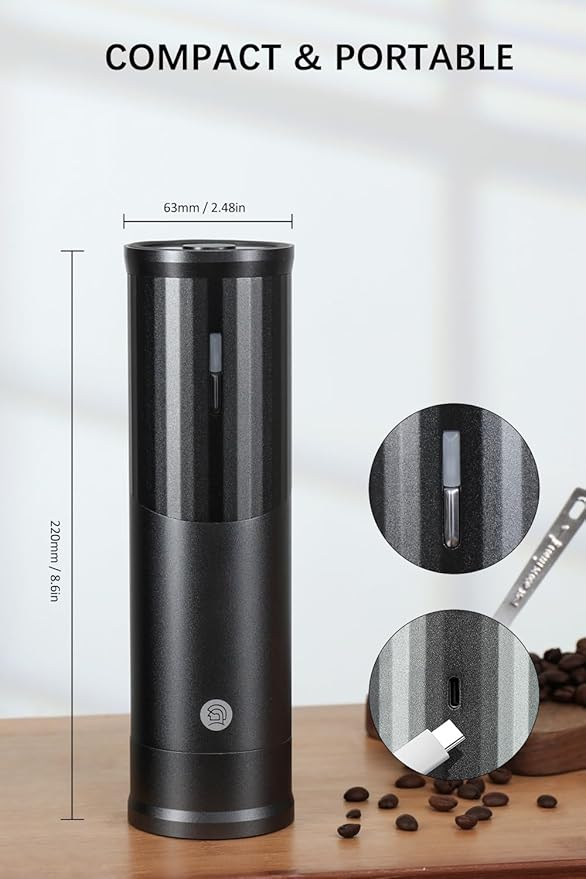 Electric Coffee Grinders, Portable Burr Grinder Capacity 50g w/Magnetic Cover,External Adjustable Setting, Aluminum Alloy Body, 800mAh Battery(Stand not Included) (Silver)