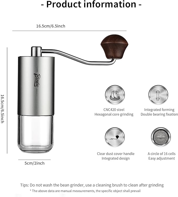 Small Manual Coffee Bean Grinder - 6 Stainless Steel Conical Burr Hand Coffee Grinder with 16 Adjustable Setting, Double Bearing Hand Espresso Grinder