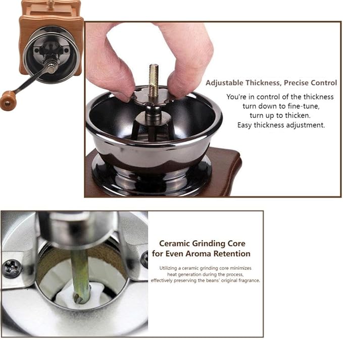 Wooden Manual Coffee Grinder Vintage Style Hand Coffee Mill Burr Coffee Grinder with Ceramic Hand Crank,Wooden Manual Coffee Grinder Cleaning Brush (Light Brown)