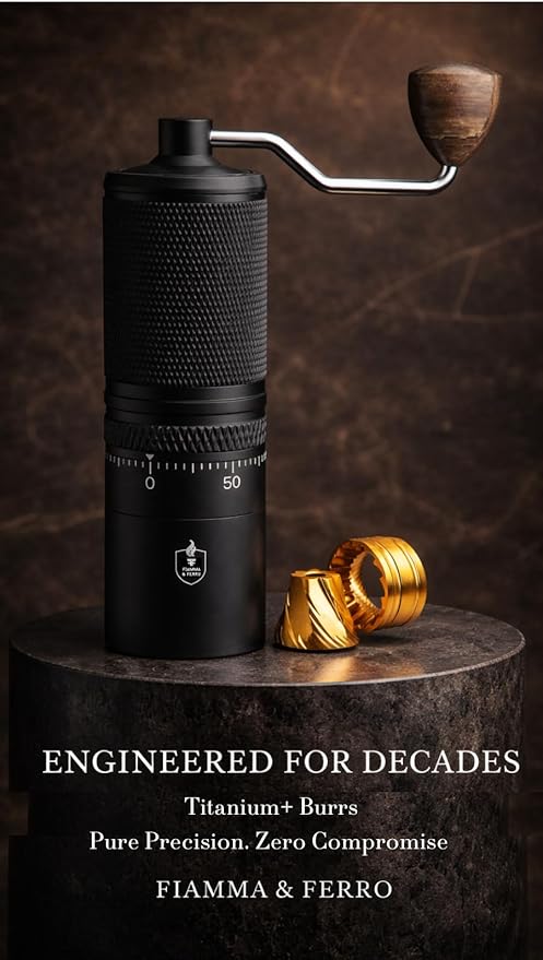 FIAMMA & FERRO Professional Manual Coffee Grinder - Titanium Enhanced 38mm Conical Burrs, 60 Precision Settings, Stainless Steel Construction - 500kg+ Grind life