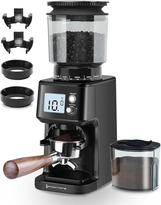 Homtone Conical Burr Espresso Coffee Grinder, 51 Precise Settings, Electric Mill with Portafilter Holder, 2-12 Cups Adjustable, Anti-static, Stainless Steel, 120V